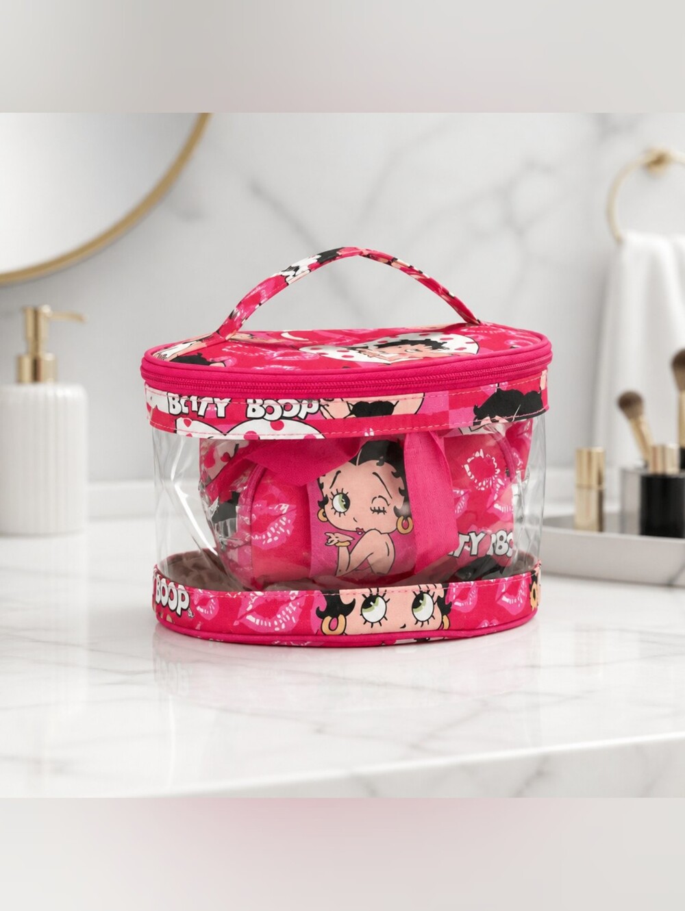 Betty Boop 3-Piece Hot Pink Cosmetic Bag Set Clear Travel Cases